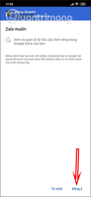 Đồng ý truy cập Google Drive